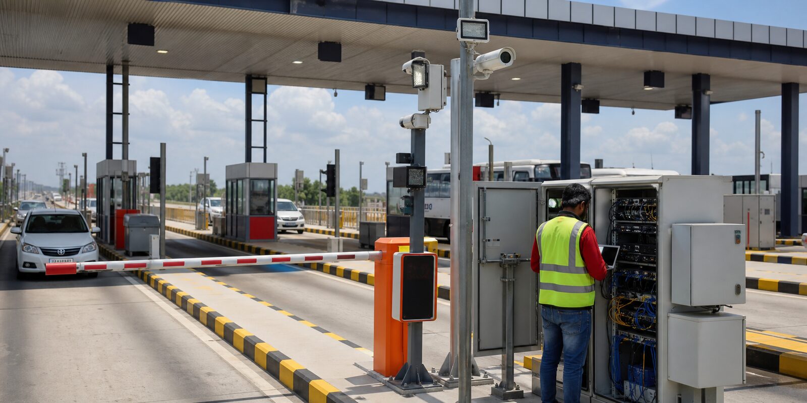 UMA Infra Solutions field technician at a toll plaza installation